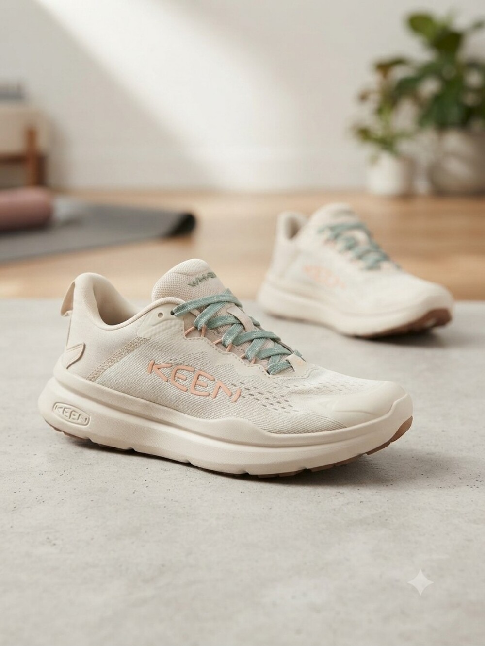 KEEN Women's Cream Athletic Sneaker with Mint Green Laces 8.5